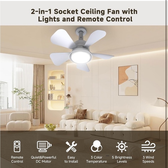 Brand New Socket Ceiling Fan 3-Color LED Light Dimmable Remote Control White - Picture 3 of 16